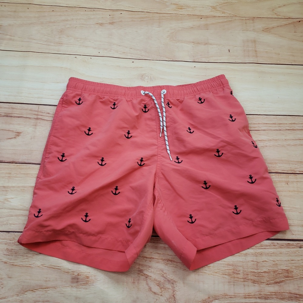 Maamgic‎ Board Shorts Mens L Swim Trunks Coral Pink Anchor Print Mesh Liner